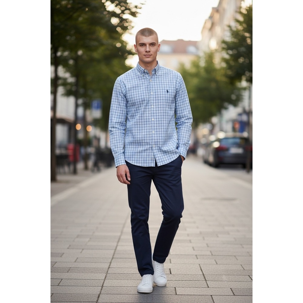 Ralph Lauren Mens Blue White Plaid Button Down Shirt Long Sleeve Pony Logo S